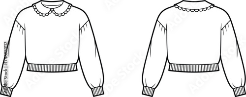 Sweater Cropped Longsleeve Fashion Apparel Garment Knitwear Pullover Clothing Illustration Sketch Design Technical Flat Drawing Template Vector Outline Ribbed Collar Cuffs Hem