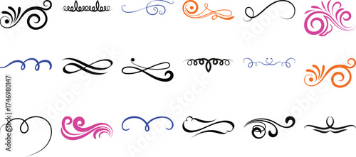 Collection of Decorative Swirls, Flourishes, and Ornate Line Art Elements