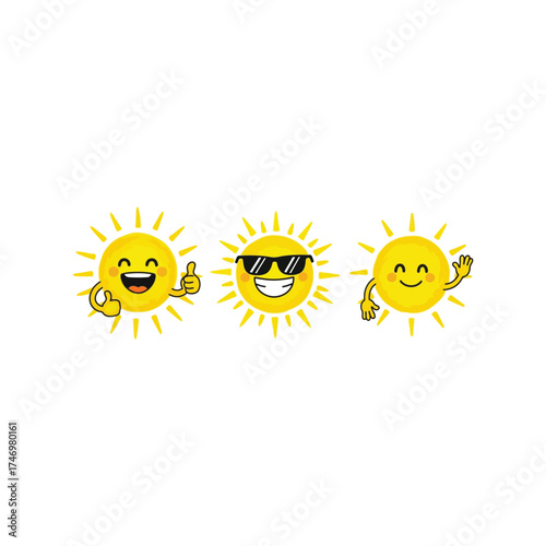Happy cartoon sun characters with sunglasses giving thumbs up for summer fun vector