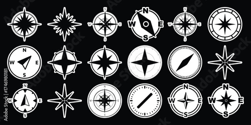Collection of Diverse Compass and Wind Rose Icons on Black Background
