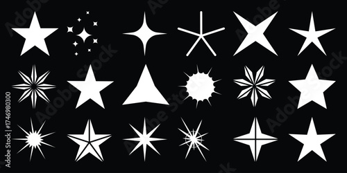 Collection of White Star Shapes and Sparkle Icons on Black Background