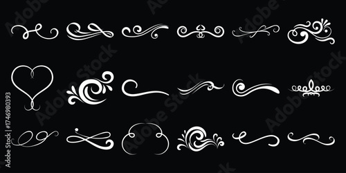 Collection of Elegant White Swirls and Flourishes on Black Background