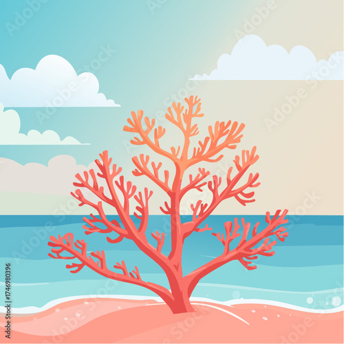 Coral tree on beach with sky and clouds