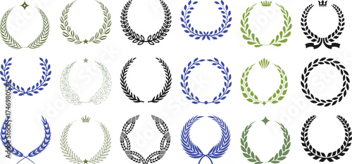 Collection of Laurel Wreaths and Victory Emblems in Various Colors and Styles