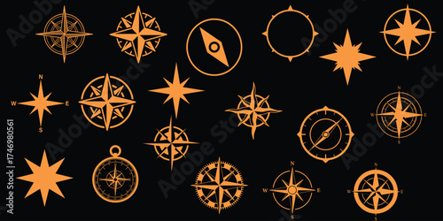 Collection of Orange Compass Rose and Wind Rose Icons on Black Background