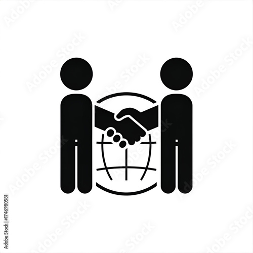 Two figures shaking hands over a globe representing international business and cooperation in black and white