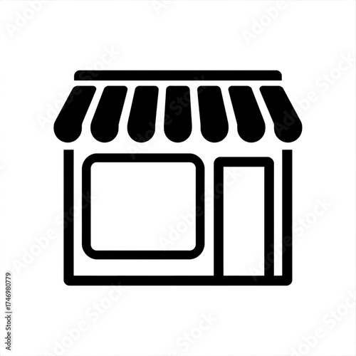 A simple black and white line drawing of a storefront with an awning and a window display area shown
