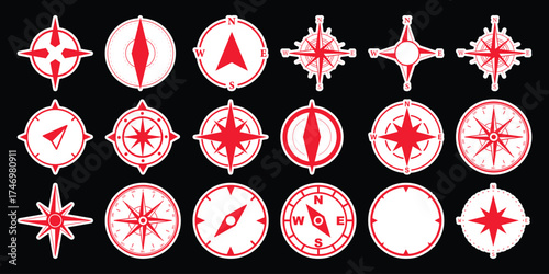 Collection of Red and White Compass Rose Icons on Black Background