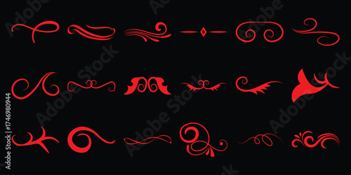 Collection of Red Decorative Swirls and Flourishes on Black Background