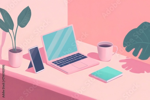 Clean home office setup showing a laptop, smartphone, coffee, and plants on a pink table, creating a productive remote work environment