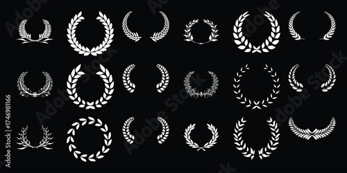 Collection of White Laurel Wreaths and Wreaths on Black Background