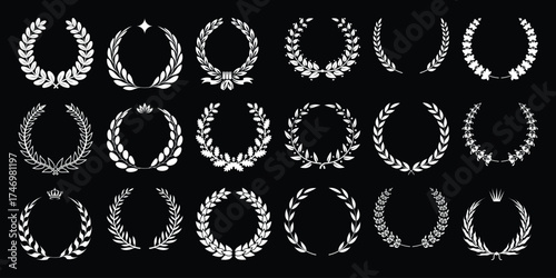 Collection of White Laurel Wreaths and Decorative Circles on Black Background