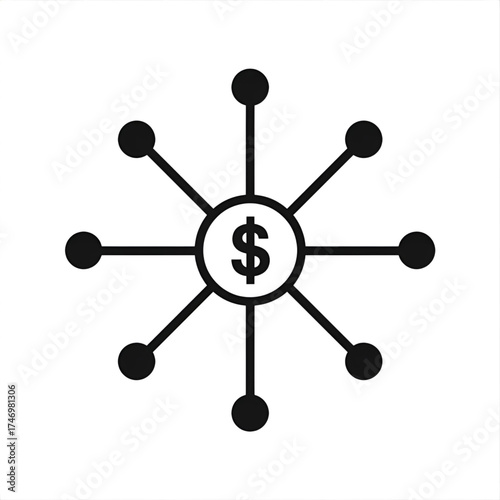 Dollar sign in a circle with radiating lines connecting to circles representing money distribution network