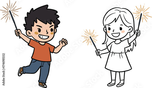 Children, sparklers, celebration, cartoon, illustration, festive, joy, excitement, holiday, night, colorful, playful, fun, happy, running, jumping, spark, black and white, creative, activity