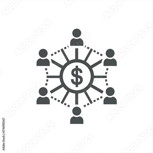 Illustration of a dollar sign at the center connected to several people icons with dotted lines around it