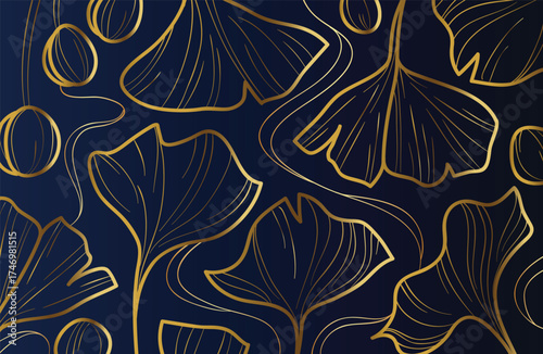 "Golden Ginkgo Leaf Pattern on Dark Blue Background – Elegant Botanical Design for Luxury Decor & Textiles"