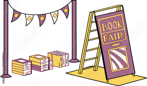 Charming book fair illustration inviting readers to explore literary treasures and discover new authors, perfect for educational promotions