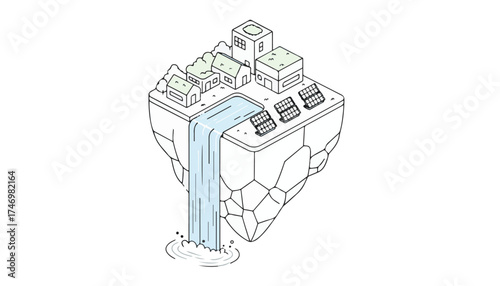Isometric illustration of a floating island with houses, buildings, solar panels, a waterfall, and green vegetation against a white background.