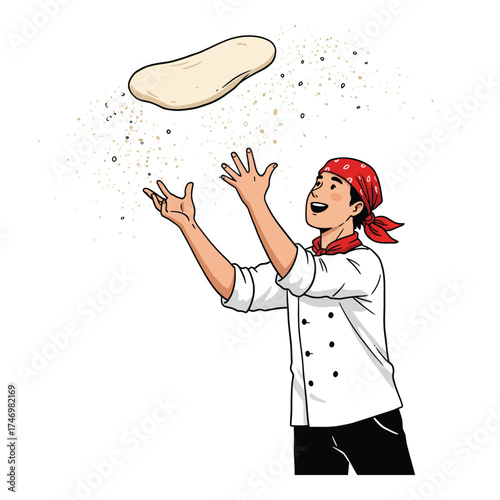 Hand Made Cartoon illustration of a happy pizza chef tossing dough wearing a red bandana and chefs coat isolated on white background