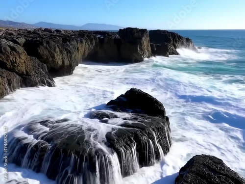 Ocean wave crashing over coastal rock formations on a sunny day generating massive wave action