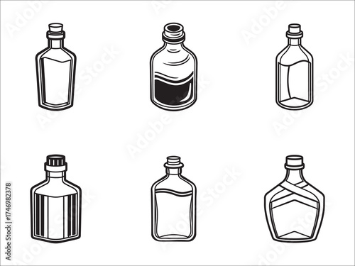 Collection of assorted vintage bottle icons in black and white design