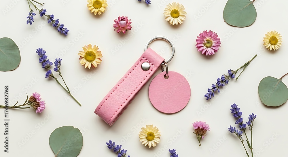 Obraz premium Pink leather keychain surrounded by flowers and eucalyptus leaves on white background