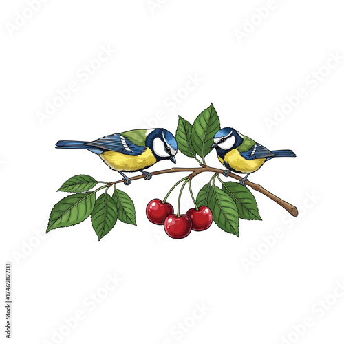 Two blue tit birds on cherry branch with ripe red cherries in natural environment vector