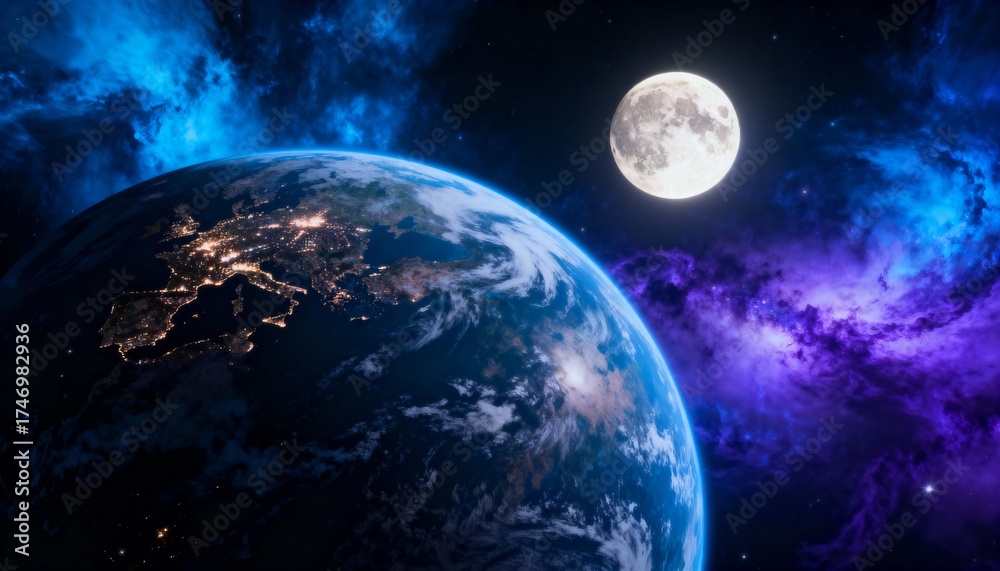 Naklejka premium Celestial observation earth and moon space digital art cosmic environment aerial view astronomy concept