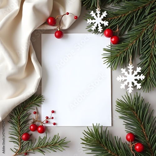 Christmas frame with red berries and evergreen branches