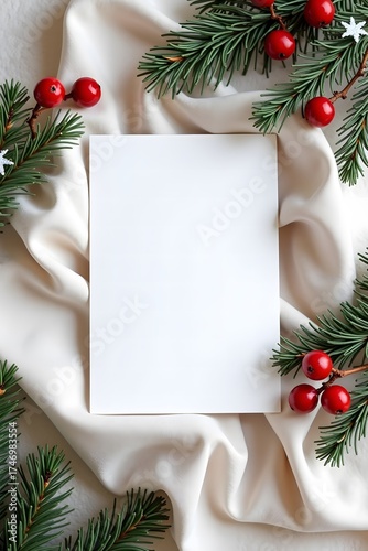 Christmas frame with red berries and evergreen branches
