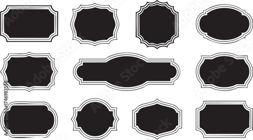 Black decorative label silhouettes, vintage frame shapes, retro outline badge, ornate geometric borders, empty tag design graphics, shield elegant royal crest emblem, retro sticker. Vector set