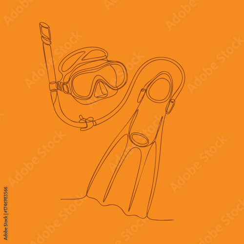 Diving gear including snorkel mask and fins arranged on vibrant orange for water sports and marine exploration