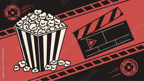 Retro movie night vibe: Popcorn and clapperboard create a nostalgic cinema feel, perfect for film festivals or home theatre promotions