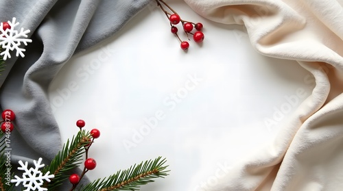 Christmas frame with red berries and evergreen branches