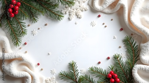 Christmas frame with red berries and evergreen branches