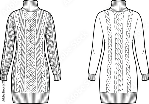 Sweater Dress Turtleneck Cable Knit Pullover Longsleeve KneeLength Apparel Clothing Fashion Outfit Garment Textile Illustration Drawing Design Casual Winter Women Ribbed Cuffs Hem