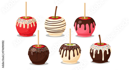 A collection of six delicious candy apples with various toppings like chocolate and sprinkles.