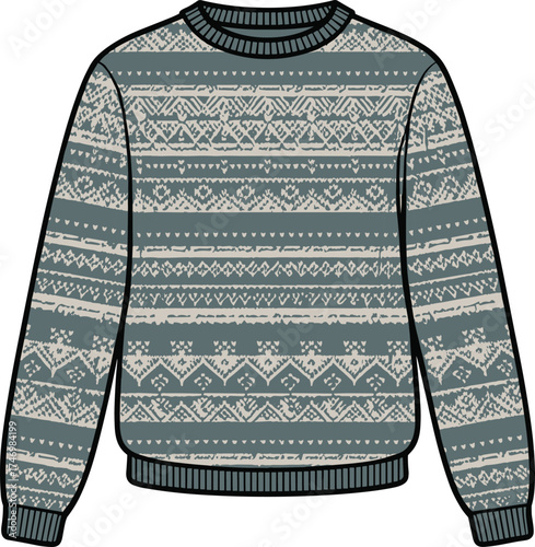 Sweater Knit Crewneck Patterned Geometric Nordic Fairisle Fashion Apparel Clothing Garment Textile Illustration Design Catalog Ribbed Cuffs Hem Sleeve 