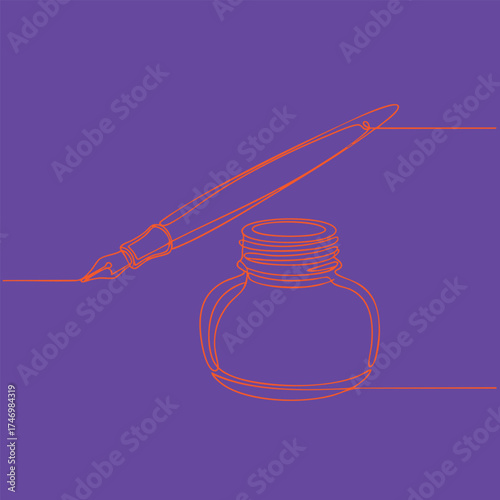 Elegant continuous line drawing of a fountain pen resting on an ink bottle against a purple