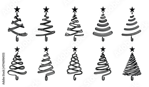 Hand drawn christmas trees with stars festive holiday illustrations for seasonal greeting cards and decorations isolated on white background