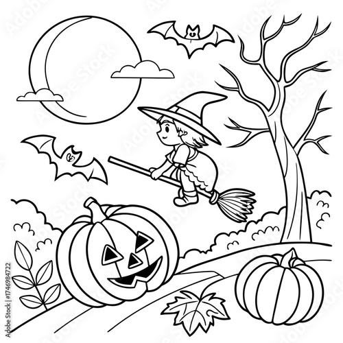 vector illustration of happy halloween black and white coloring page