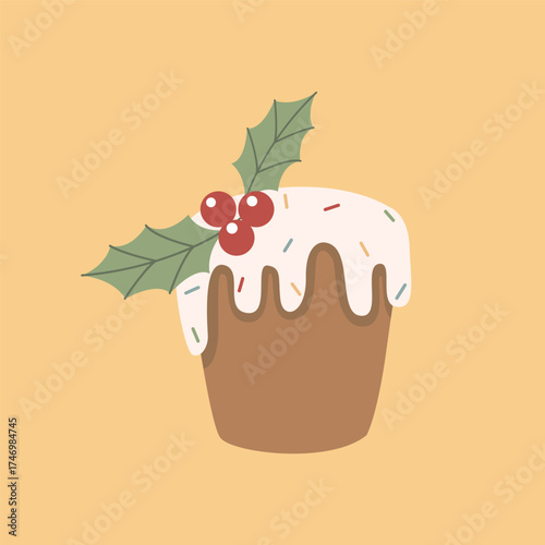 Christmas pudding with icing and holly berries festive vector illustration