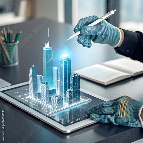 “A close-up of a digital architect's hand interacting with a 3D model of a futuristic city.”