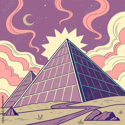 Vector art of egyptian pyramids with sun and moon in the sky