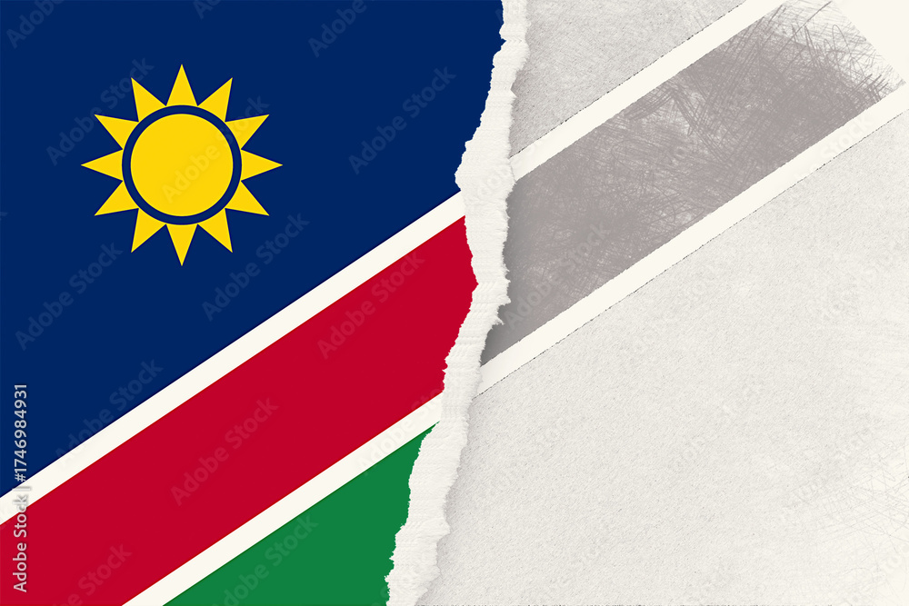 Fototapeta premium Conceptual artwork featuring a deconstructed representation of the Namibia flag alongside a textured, neutral toned backdrop suggesting themes of unity, separation, and artistic