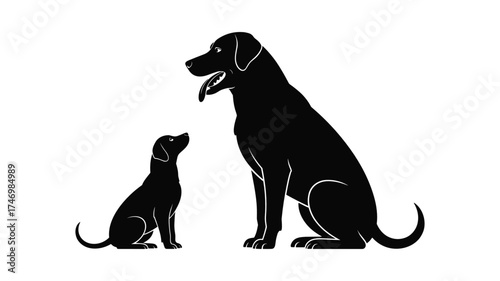 Silhouette of a large adult dog and a small puppy sitting and looking at each other on a white background