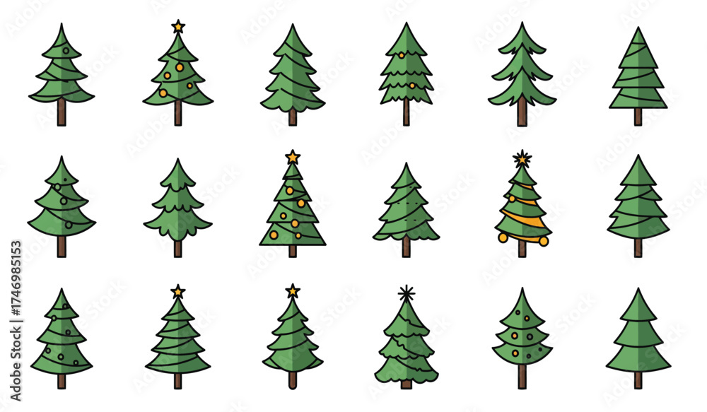 Fototapeta premium Collection of hand-drawn style festive christmas trees with varied green shades perfect for holiday design projects and seasonal decorations isolated on white background