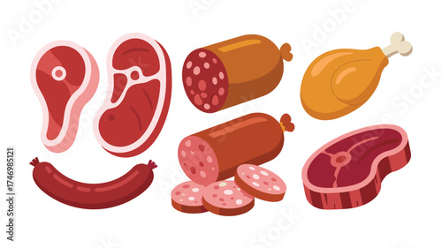 Assortment of raw meat products including steaks, sausages, and chicken leg on white background food