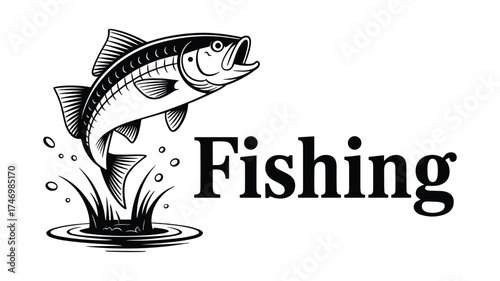 Black and White Illustration of a Jumping Fish and the Word Fishing water splash