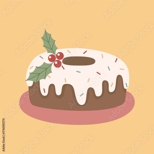 Christmas bundt cake with icing, sprinkles and holly festive vector illustration